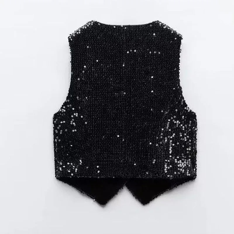 V Neck Single Breasted Sequin Sleeveless Waistcoat for Women