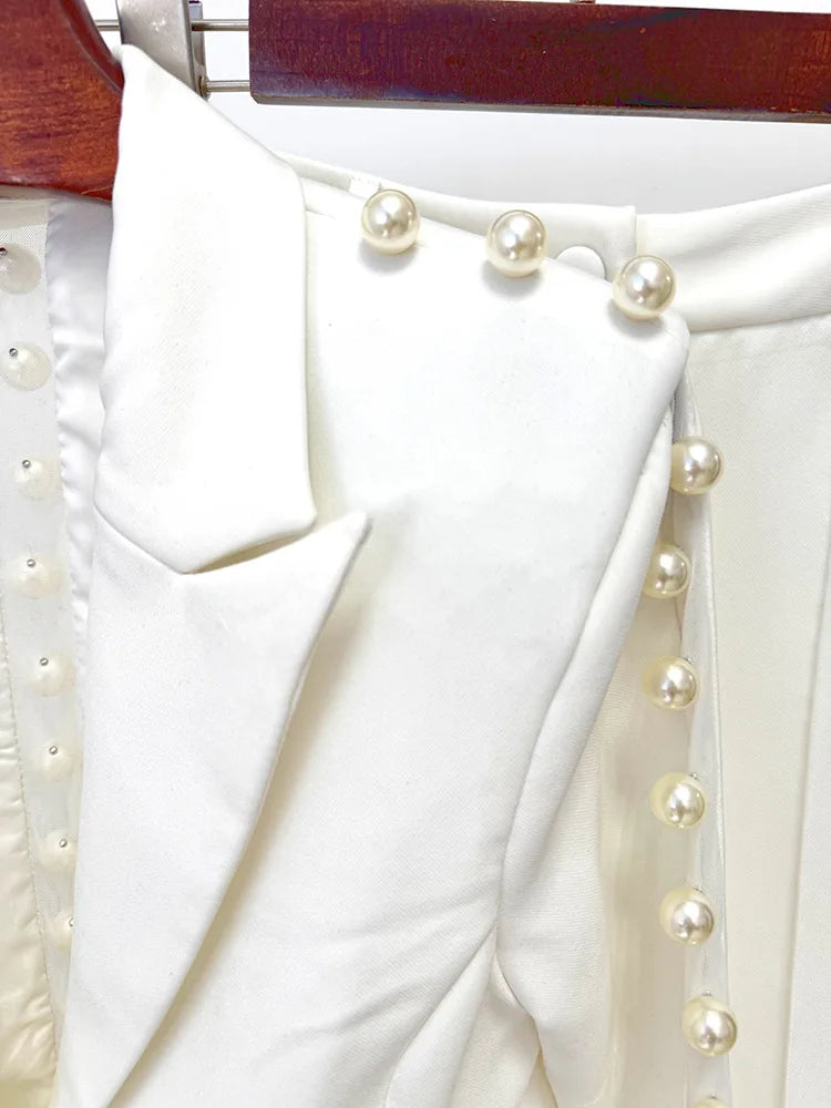 HIGH STREET Newest 2026 Designer Runway Suit Set Women's Pearls Beaded Gauze Patchwork Slim Fitting Blazer Pants Set