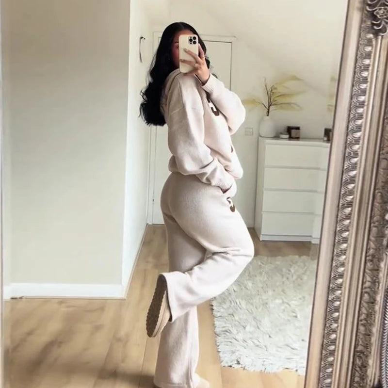 Letter Print Hooded Two Piece Set With Wide Leg Pants for Women