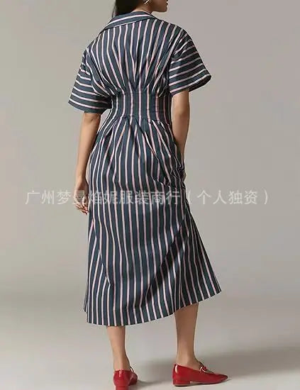 Elegant Striped Print Waist-Hugging A-Line Midi Dress for Women