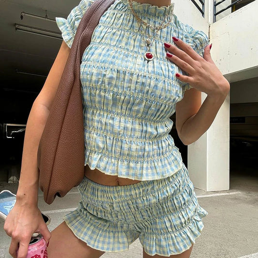 Plaid Ruched Crop Top Set