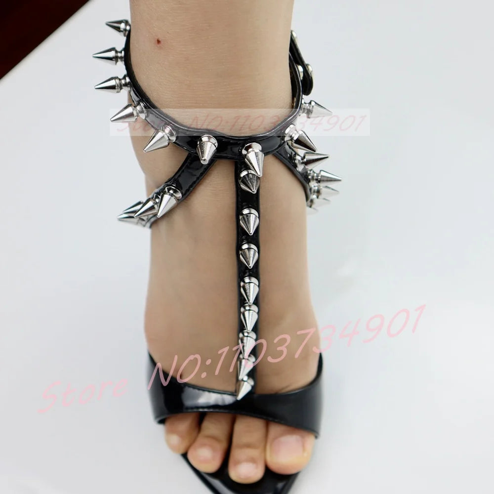 Black Spiked Rivet Ankle Strap Peep Toe Sandals For Women
