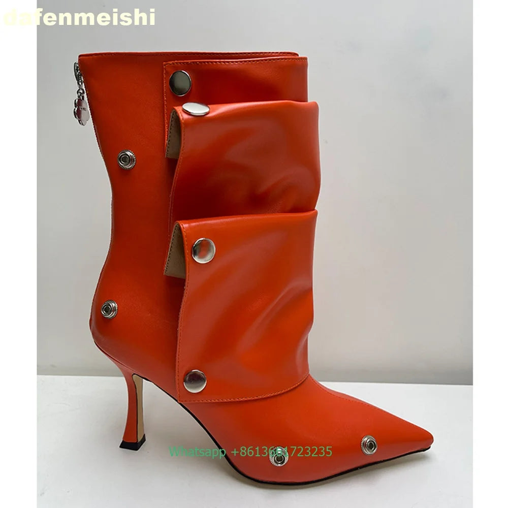 Pleated Stiletto Pointed Toe Leather Ankle Boots With Rivet Buckle For Women