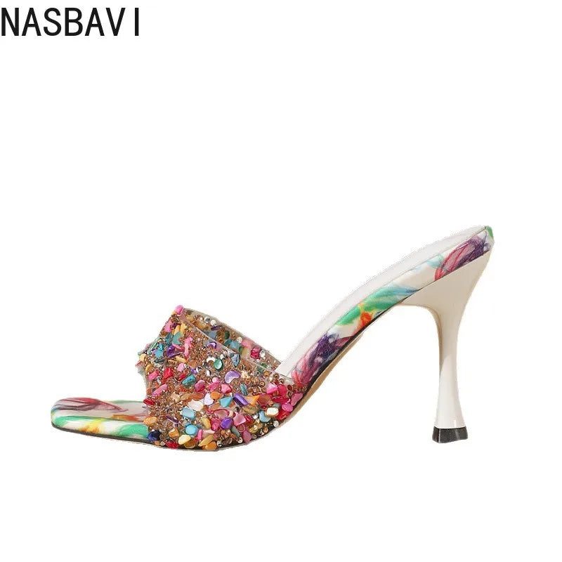 Rhinestone Square Heel Open Toe Slides