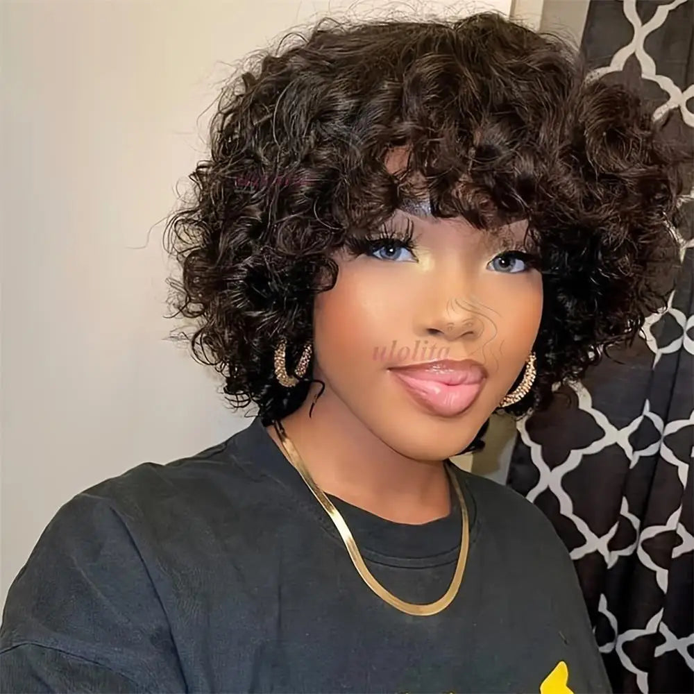 Bouncy Curly Pixie Bob Human Hair Wig With Bangs for Women