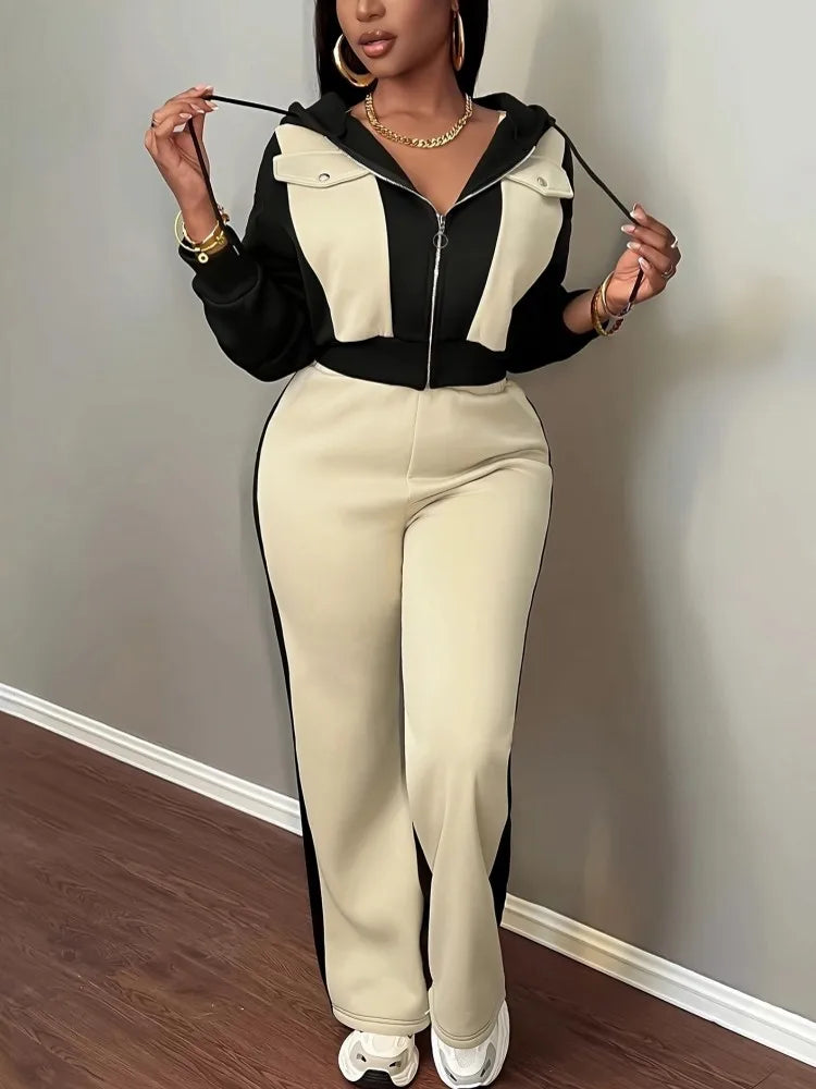 Hooded Two Piece Top and Pants Matching Set for Women