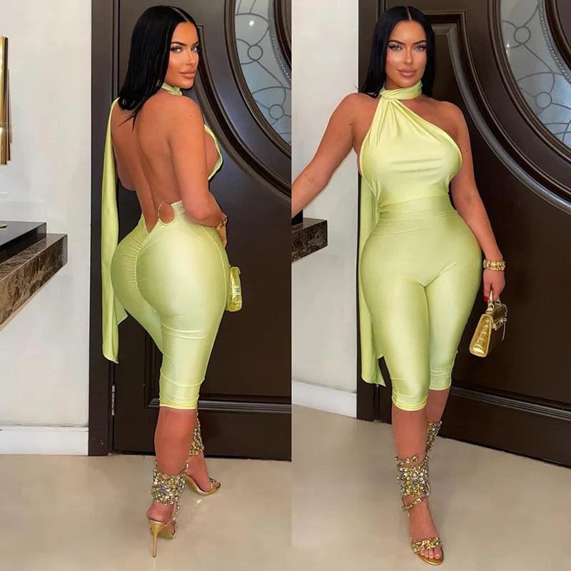 Sexy Ruched Backless Halter Bandage Jumpsuit for Women