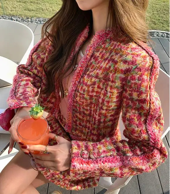 Pink O-Neck Cotton Single Breasted Jacket With Buttons And Rivets For Women