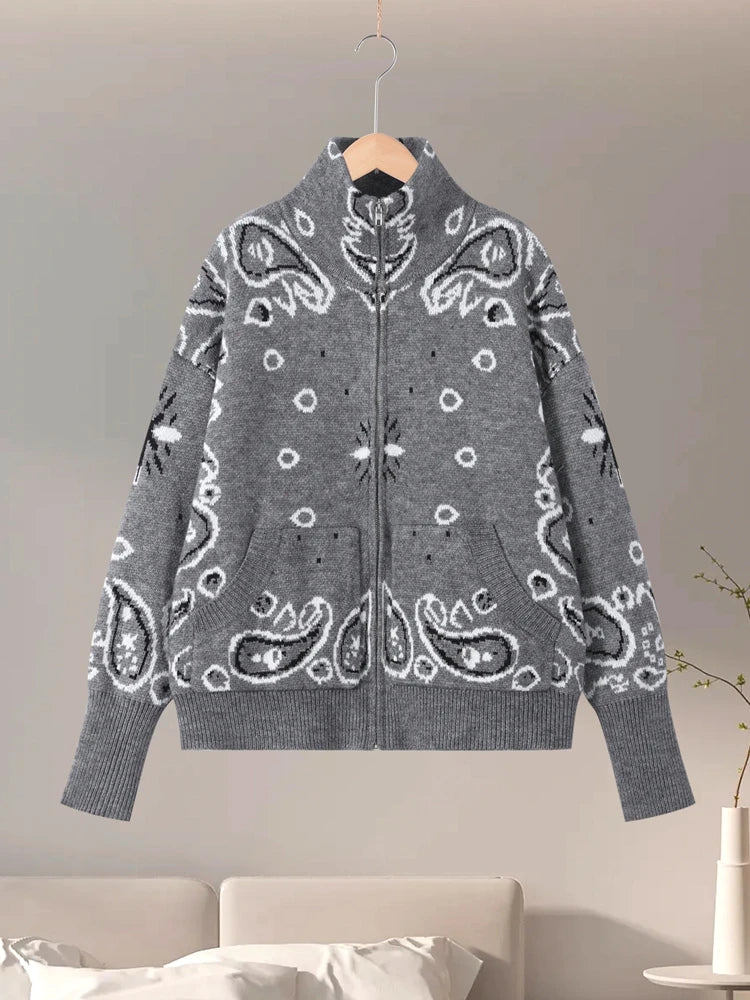 Vintage Jacquard Stand Collar Zipper Front Pocket Cardigan For Women