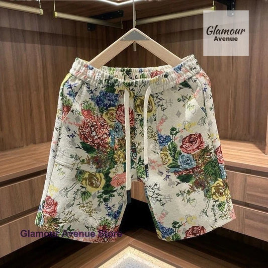 Korean retro painted rose flower shorts women's summer new fashion personalized beach pants fashion printed casual pants.