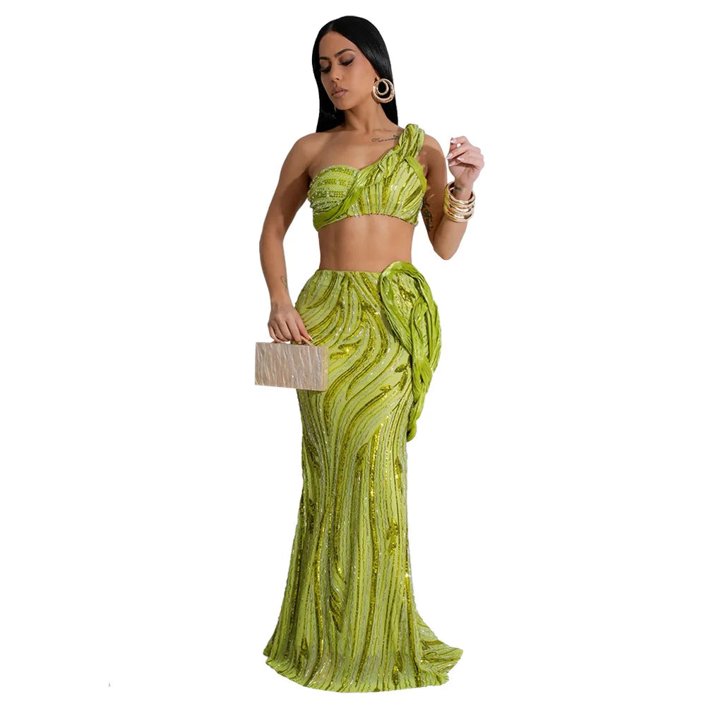 CM.YAYA Women’s Dress Set Mesh Sequined Ribbon Sleeveless Strap Top + Long Skirts Sets 2 Two Pcs Sets Sexy Party Evening Oufits