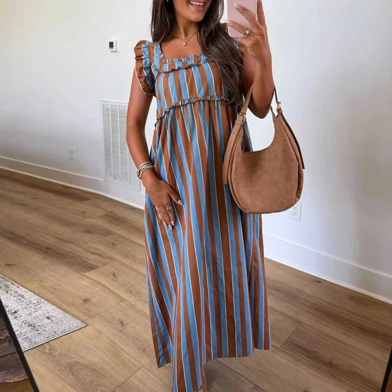 Striped Ruffle Trim Ankle Length Casual Dress for Women