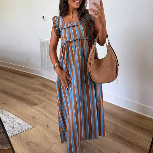 Striped Ruffle Trim Ankle Length Casual Dress for Women