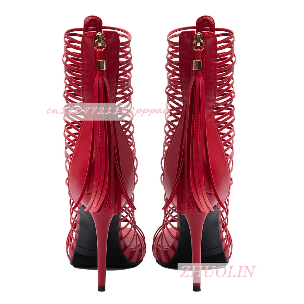 Red Fringe Gladiator Knee High Sandals Open Toe Platform for Women