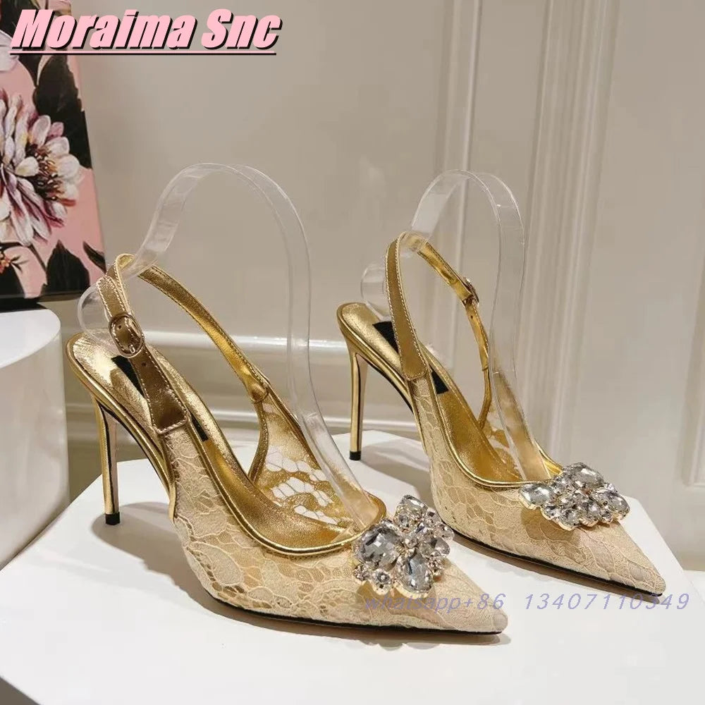 Elegant Crystal Lace Pointed Toe Slingback Sandals for Women