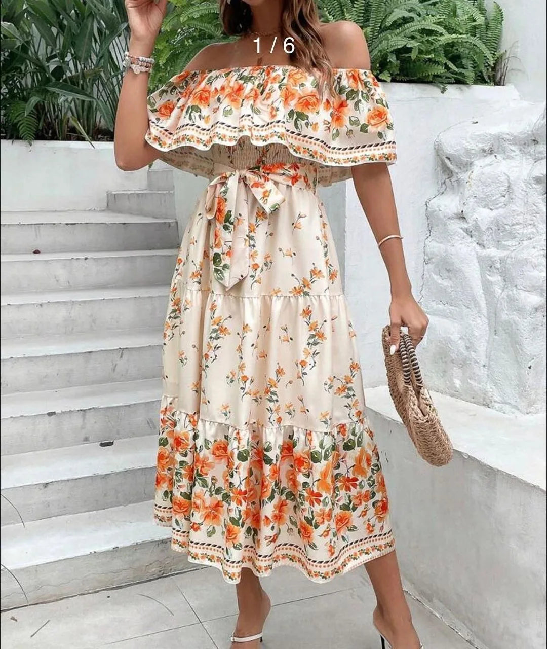 Floral Print Off Shoulder High Waist Dress for Women