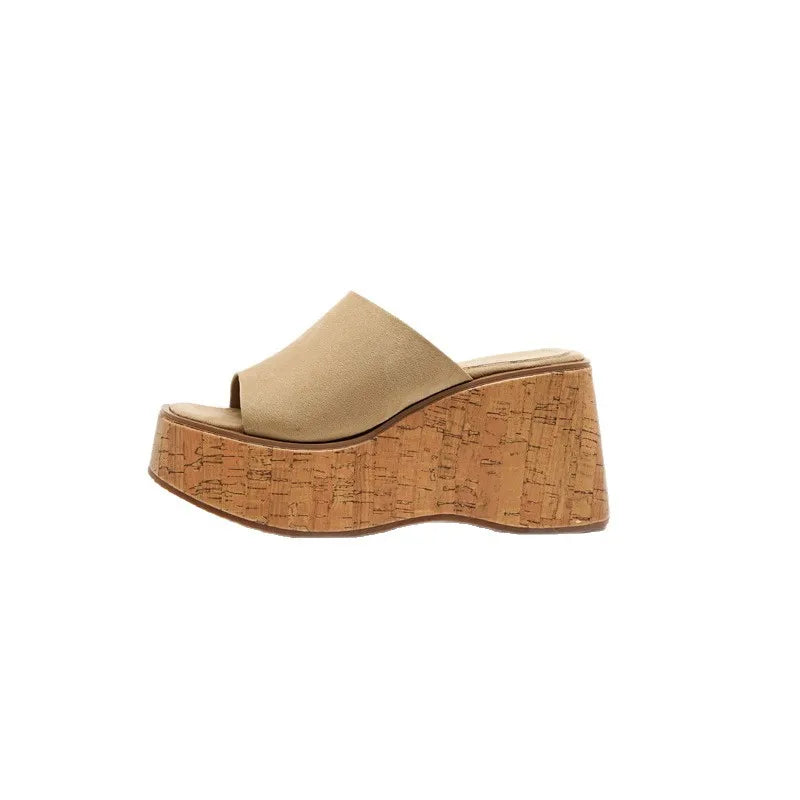 Platform Wood Grain Sandals with Wedge Heels Open Toe for Women