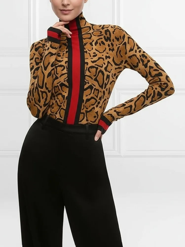 Women's Slim Fit Leopard Printed Turtleneck Blouse Fashion Contrast Striped Long Sleeves Casual Daily Office Basics Tops