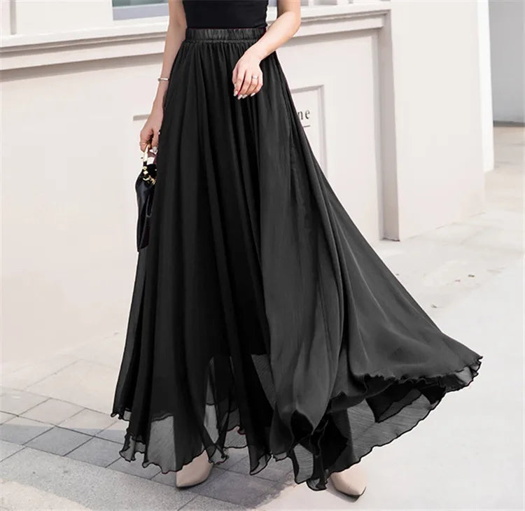 Elegant Solid Color Chiffon A-Line Skirt with High Waist for Women