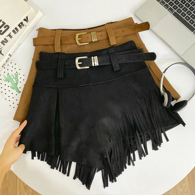 Tassel Detail Faux Suede Shorts