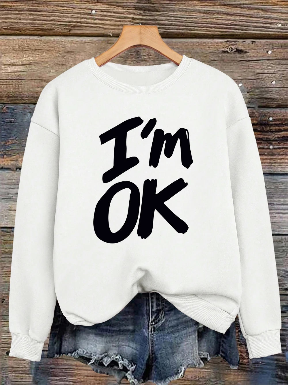 I'M Okay Letter Printed Sweatshirts Womens Autumn Winter Casual Hoodie Fleece Warm Crewneck Pullovers Street Loose Woman Clothes