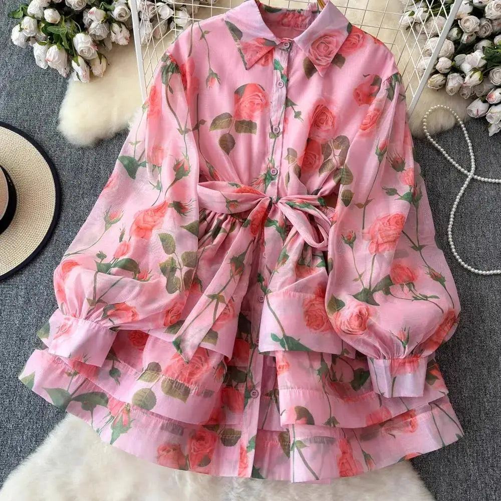 Women Lantern Sleeve Floral Print Lace Up Belt Summer Ball Gown Cute Dress Holiday Gorgeous Flower Ruffles Layer Cake Mini Dress