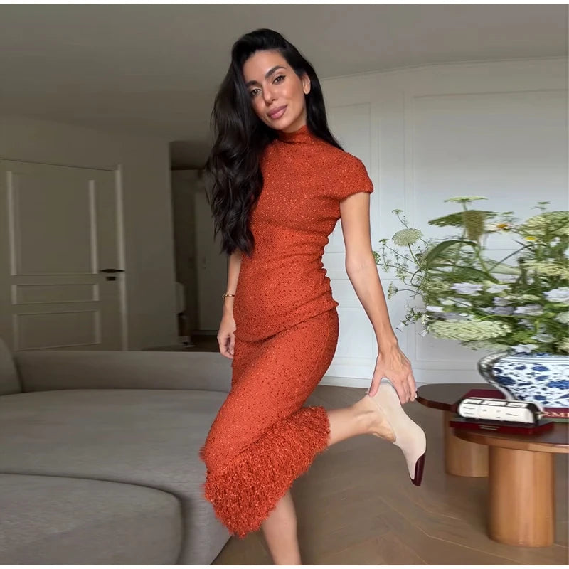 Sequin Knit Short Sleeve Tassel Midi Party Dress for Women
