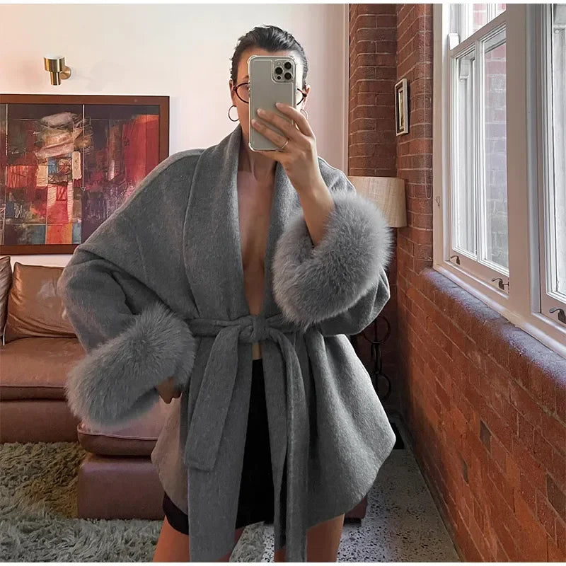Faux Fur Wool Blend Longline Lapel Overcoat for Women