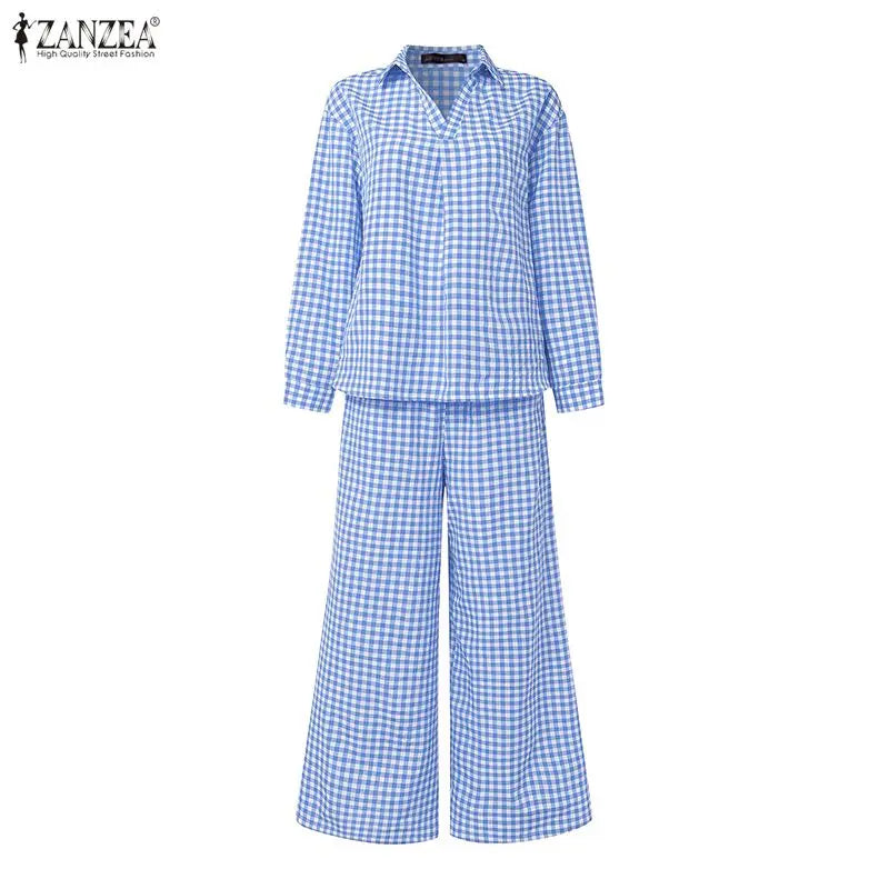 Gingham Blouse And Wide Leg Pants Set