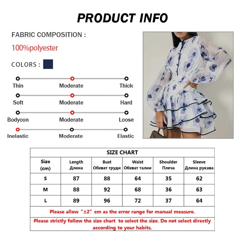 Oymimi Elegant Blue Print Women's Dress Fashion O-Neck Long Sleeve Patchwork Button Dresses Casual High Waist Ruffled Skirts Set