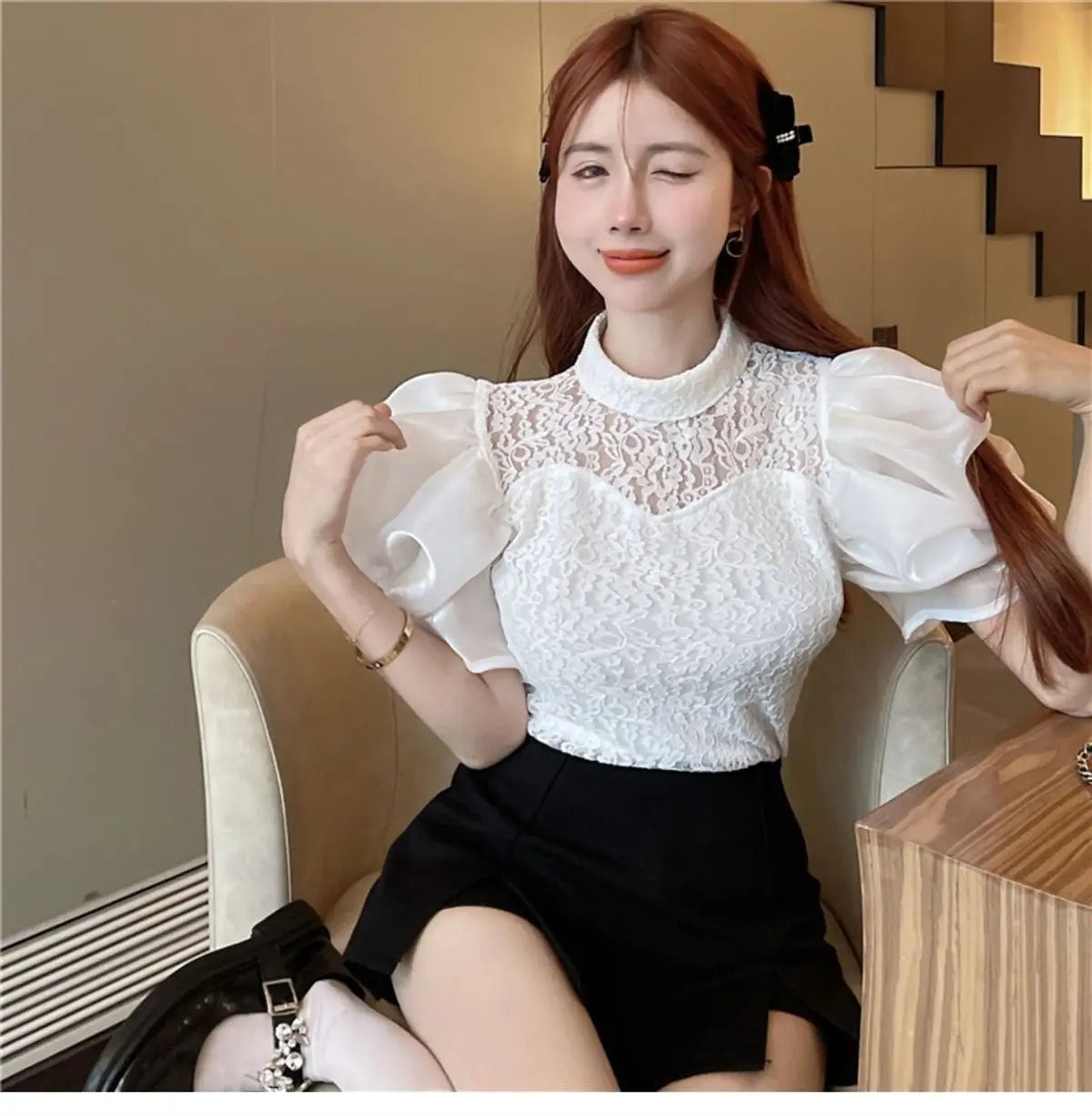 Korean V-Neck Bubble Sleeve Irregular Pleated Top for Women