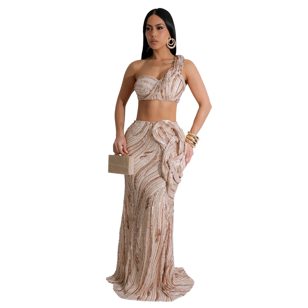 CM.YAYA Women’s Dress Set Mesh Sequined Ribbon Sleeveless Strap Top + Long Skirts Sets 2 Two Pcs Sets Sexy Party Evening Oufits