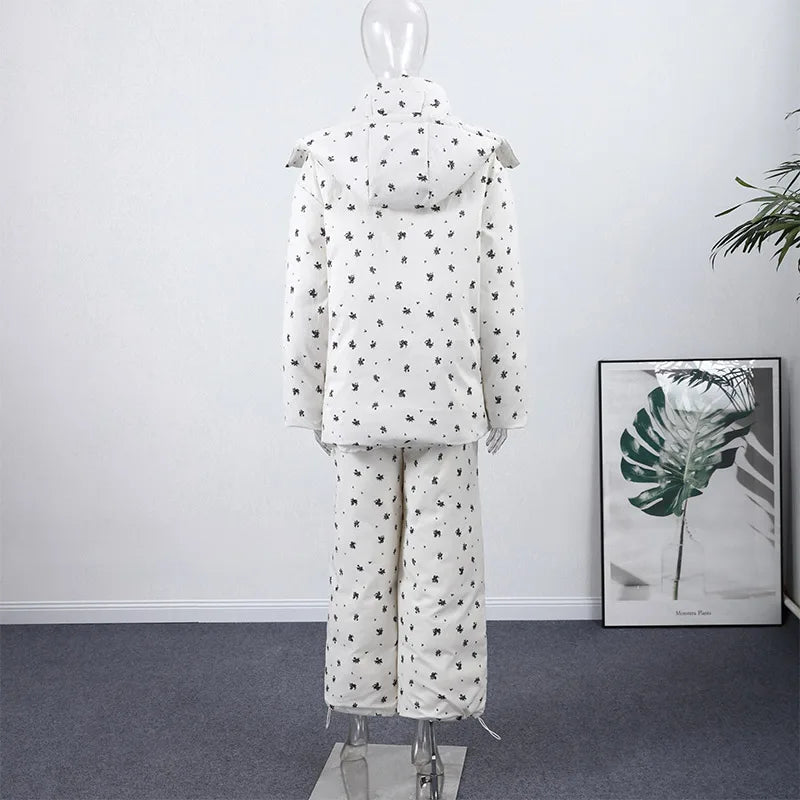 Striped Hooded Puffer Jacket and Wide Leg Pants Set for Women