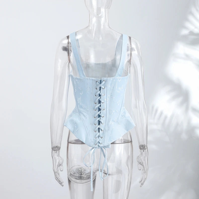 Waist Cinched Jacquard Fishbone Corset Top For Women