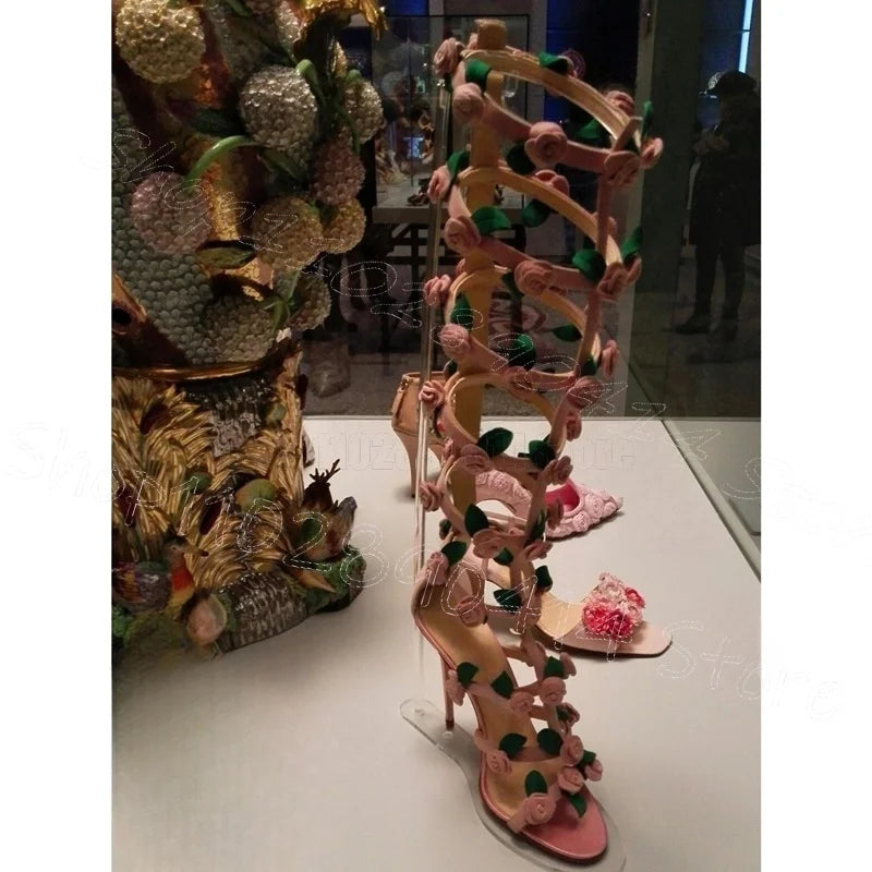 Pink Floral Hollow Buckle Strap Heeled Boots for Women