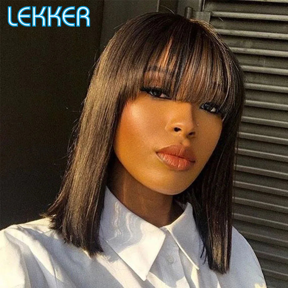 Short Brown Pixie Bob Human Hair Wig With Bangs for Women