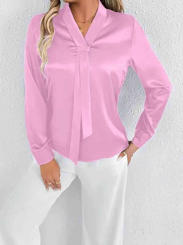 Bonboho 2026 New Women's Solid Color Silky Shirt V-neck Long Sleeves Elegant Blouse for Female Elegant Pullover Work Shirts