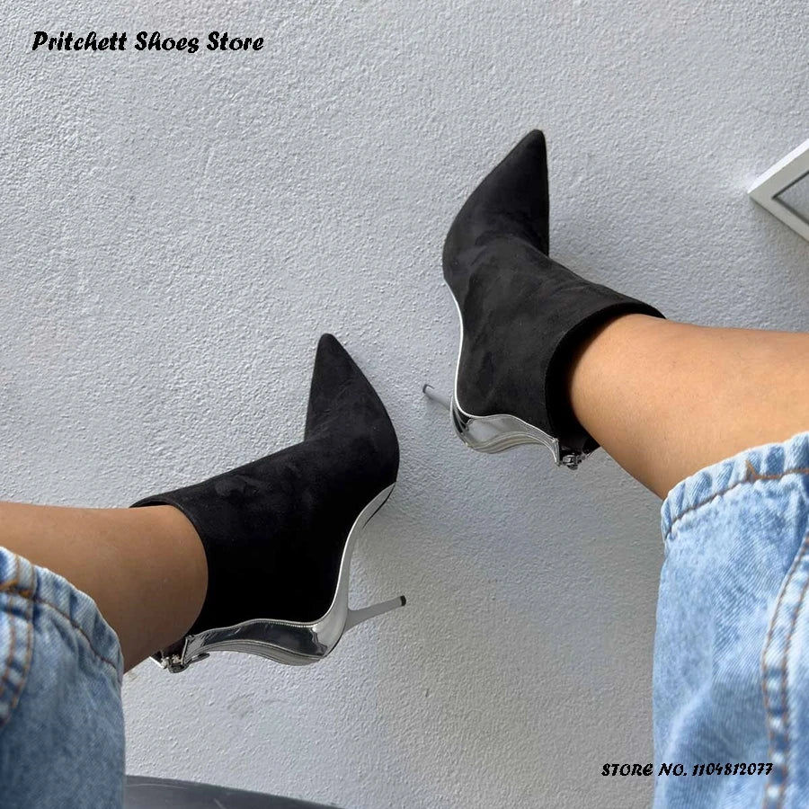 Patchwork Leather Trimmed Pointed Toe Ankle Boots for Women