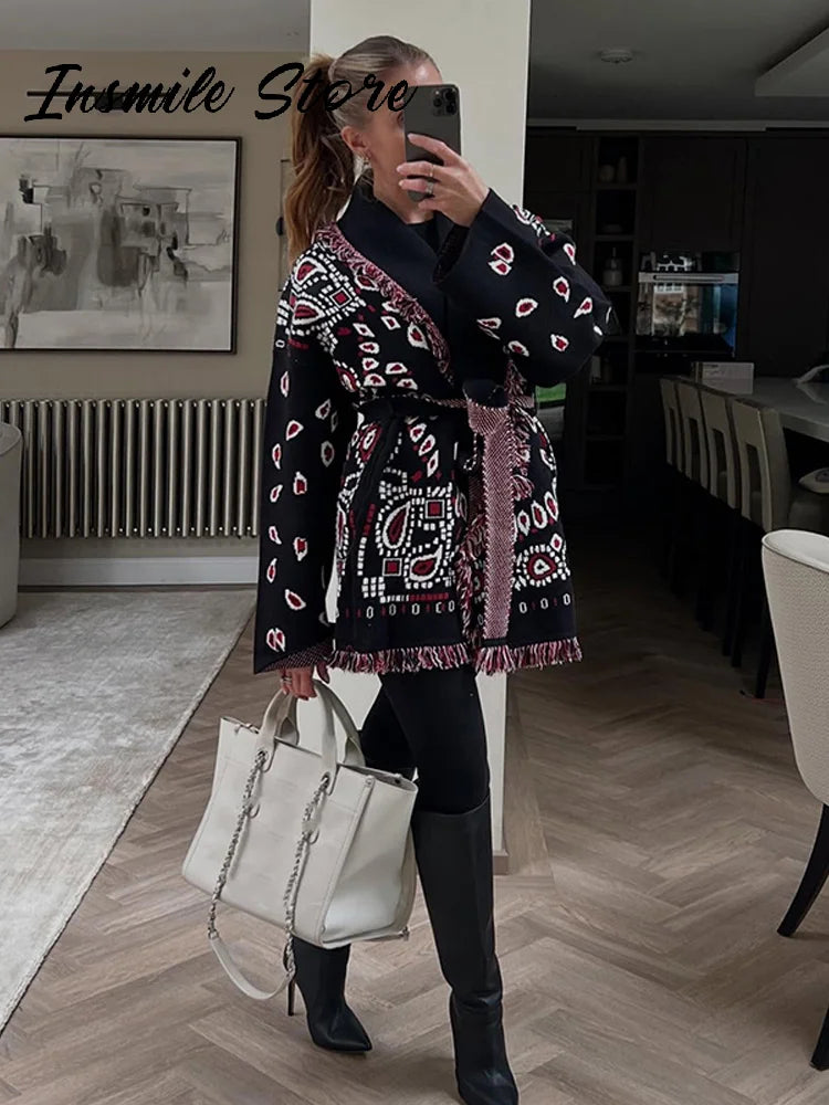 Casual Tassel Knit Open Front Long Cardigan for Women