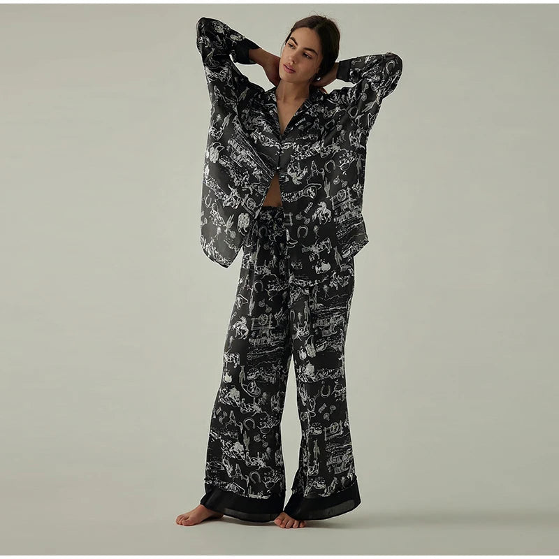 Casual Print Blouse and Wide Leg Pants Set for Women