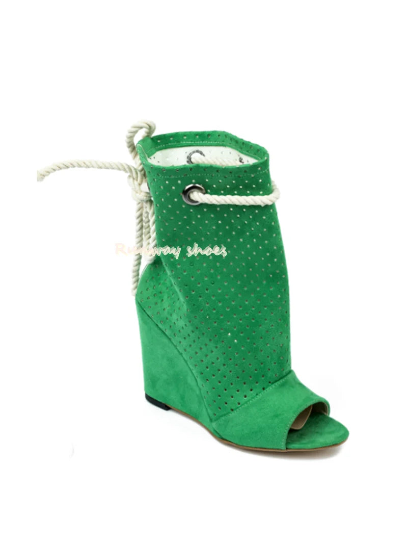 Breathable Suede Round Toe Open Toe Lace Up Ankle Boots for Women