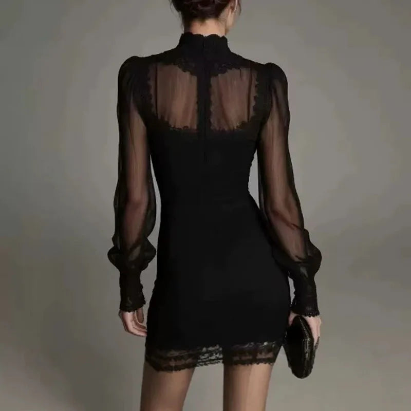 Lace Trim Sheer Mesh Puff Sleeve Mini Dress for Women