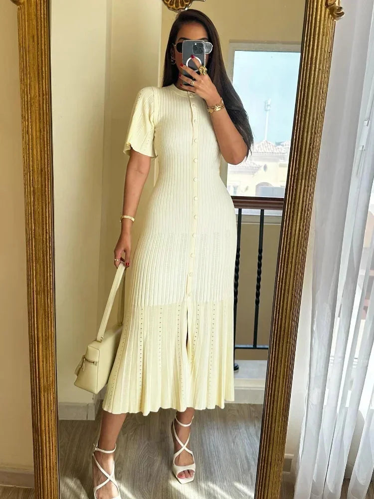 Elegant Pleated Hem Street Fashion O Neck Bell Sleeve Slim Knit Midi Dress 2025 Women Summer Beach Swimsuit Cover Up Tunic A3055