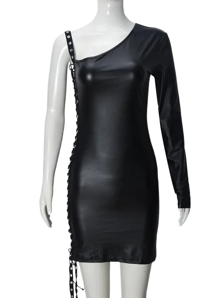 Weird Puss Bandage Hollow Dress Women Irregular Diagonal Collar Backless Single Sleeve Hot Girls Skinny Peach Hip Mini Bodycon