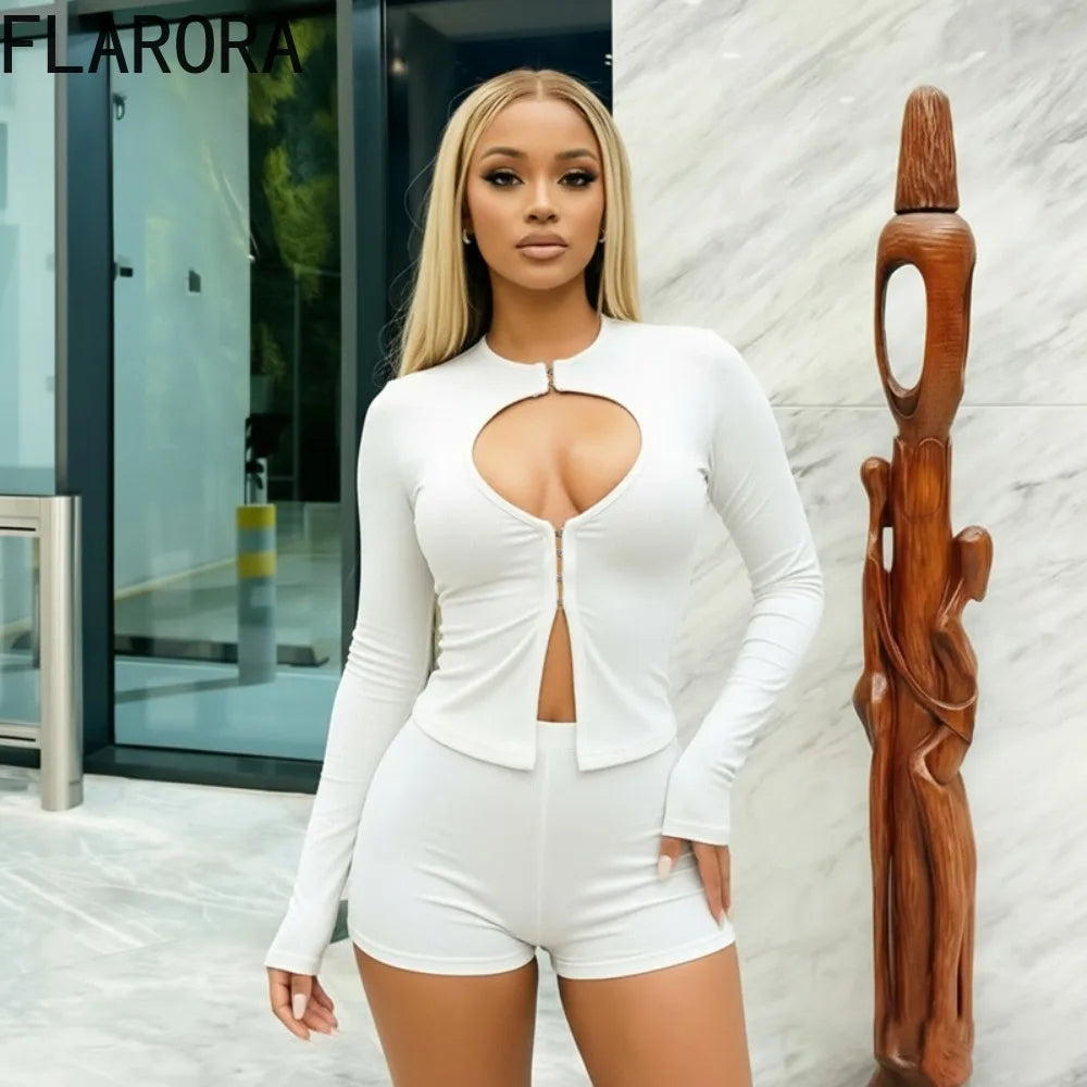 Hollow Out Long Sleeve Crop Top And Shorts Set for Women