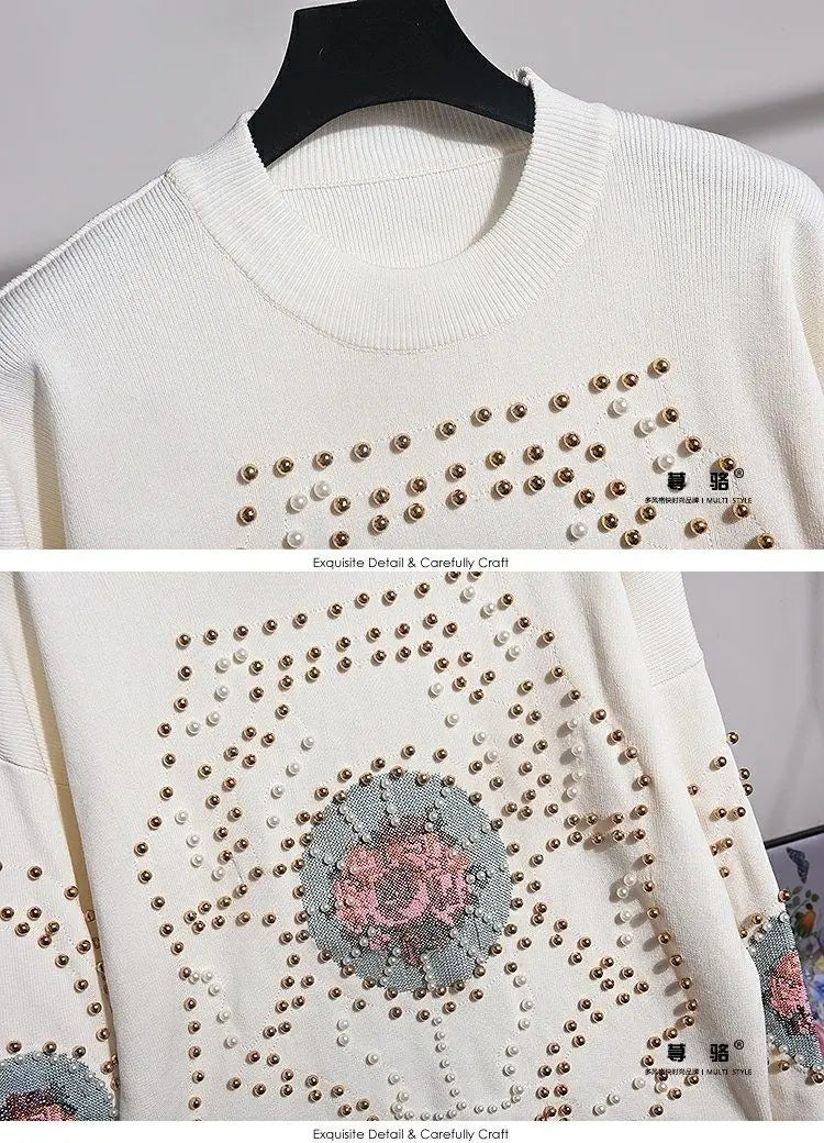 Spring Autumn Women Knitting Suits Trendy Beading Cross Stitch Pullover Sweater Top + Loose Casual Harem Pants White Knit Sets