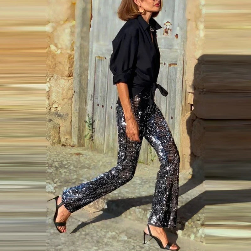 Shiny Sequins Club Party Elastic Waist Flared Pants for Women