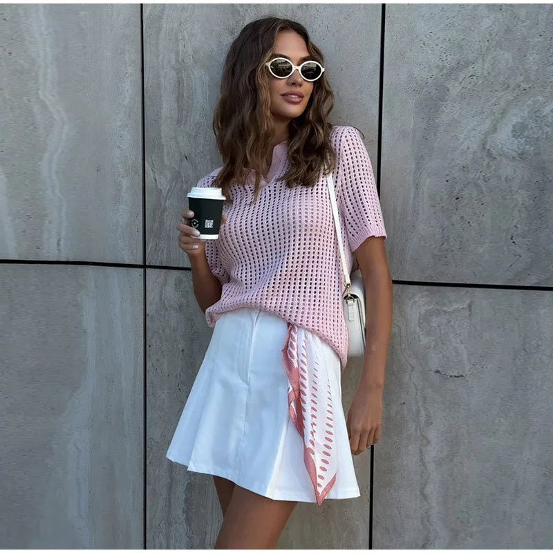 Casual Hollow Out Knit V Neck Pullover Sweater for Women