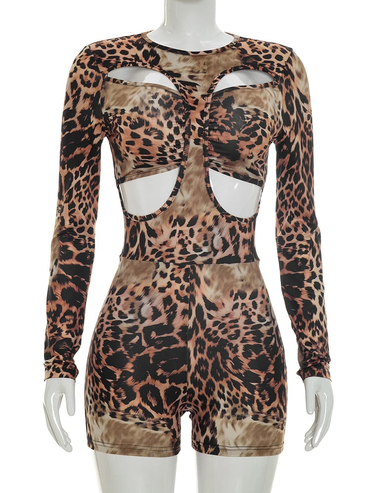 Leopard Print Hollow Out Two Piece Playsuit for Women