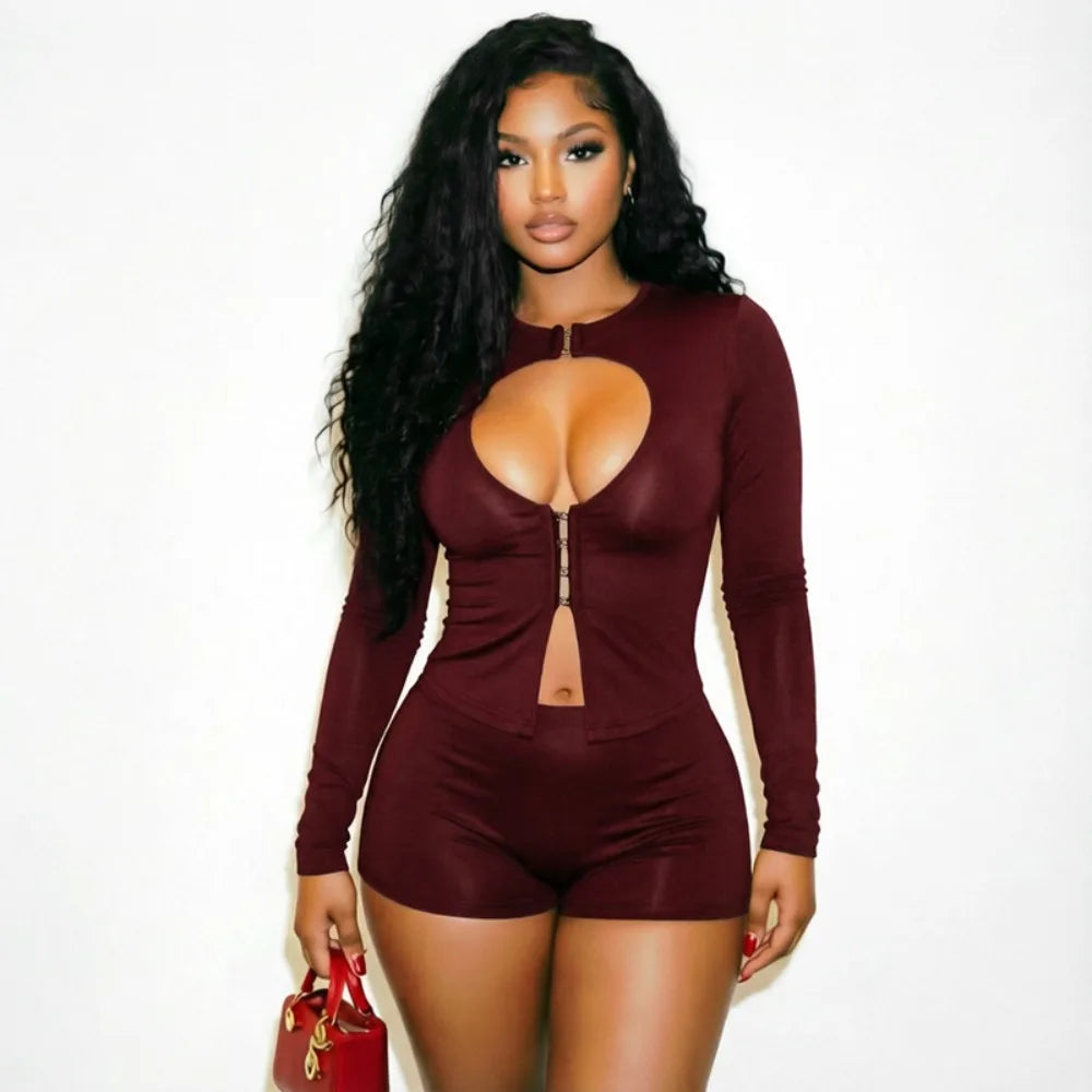 Hollow Out Long Sleeve Crop Top And Shorts Set for Women